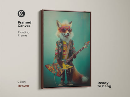 The framed canvas features a fox musician with a psychedelic guitar. The brown floating frame complements its retro style. A vibrant piece ideal for game rooms or music studios. The animal artwork is ready to hang.