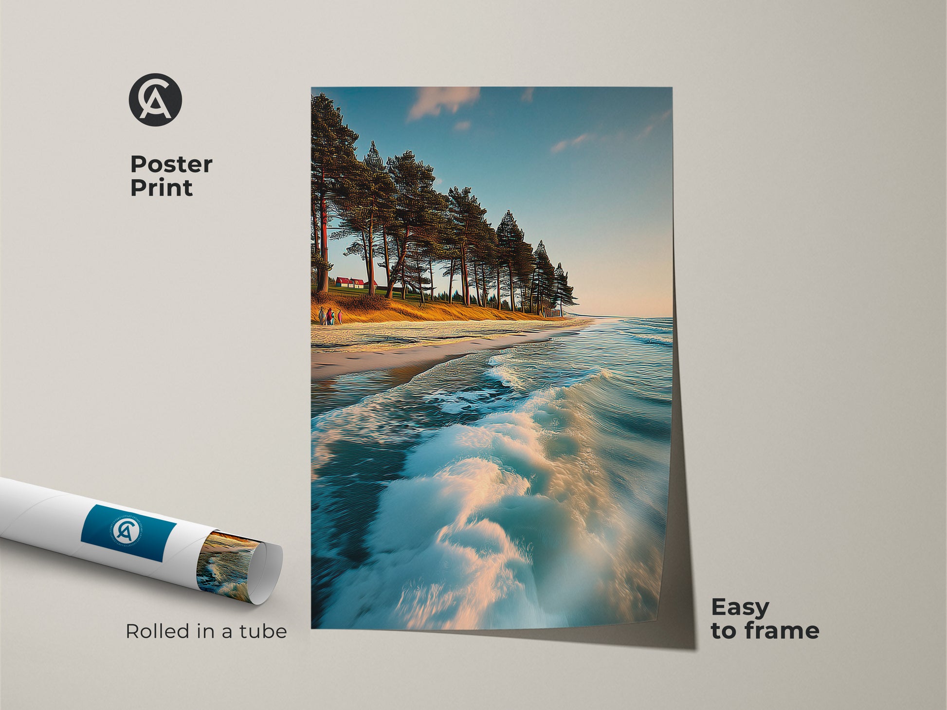 Poster Print showcasing a coastal landscape with pine trees and ocean waves. Rolled in a tube and easy to frame. Perfect for creating a seaside wall decor theme. This sky blue coastal artwork brings a touch of nature's tranquility to any space.