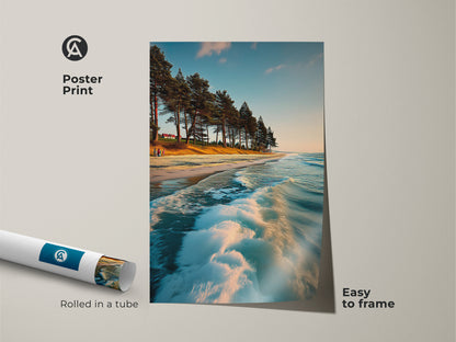 Poster Print showcasing a coastal landscape with pine trees and ocean waves. Rolled in a tube and easy to frame. Perfect for creating a seaside wall decor theme. This sky blue coastal artwork brings a touch of nature's tranquility to any space.