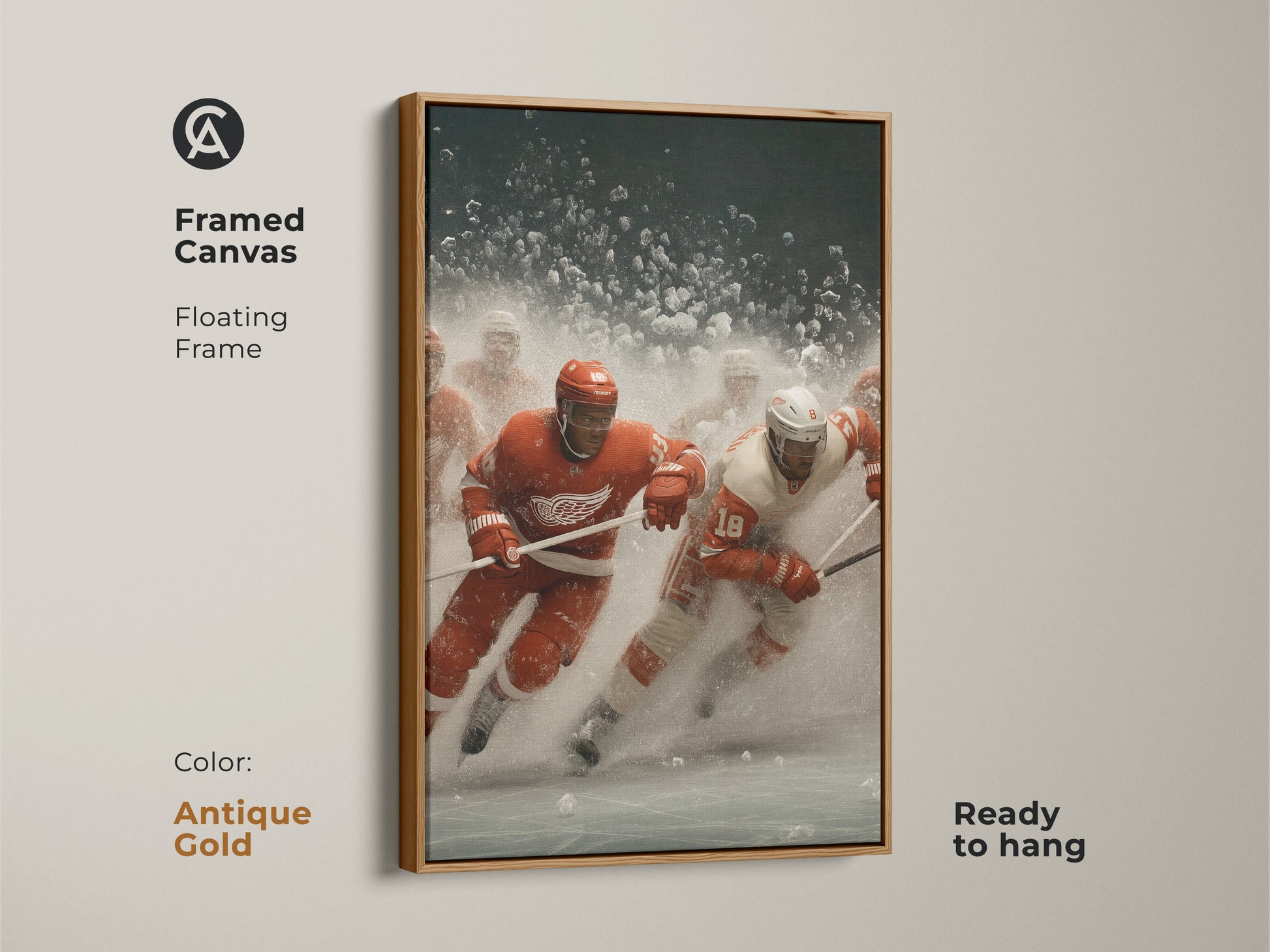 Framed Canvas with Floating Frame featuring a dynamic Ice Hockey action shot.  The artwork is ready to hang with an antique gold frame. This sports decor is perfect for game rooms and hockey fans. The Red and White print adds an energetic contemporary feel.