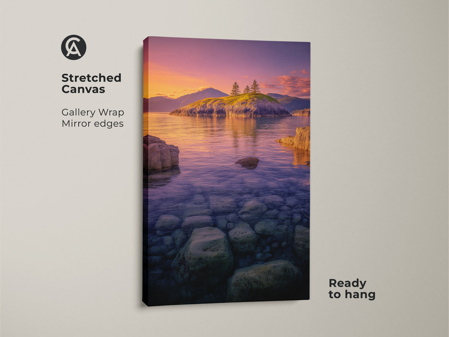 Stretched Canvas Island Seascape Print with gallery wrapped mirror edges. The Coastal Sunset Wall Art displays a rocky shoreline. Ocean landscape photography shows clear water and a vibrant purple orange sky. Ready to hang for instant nature decor.