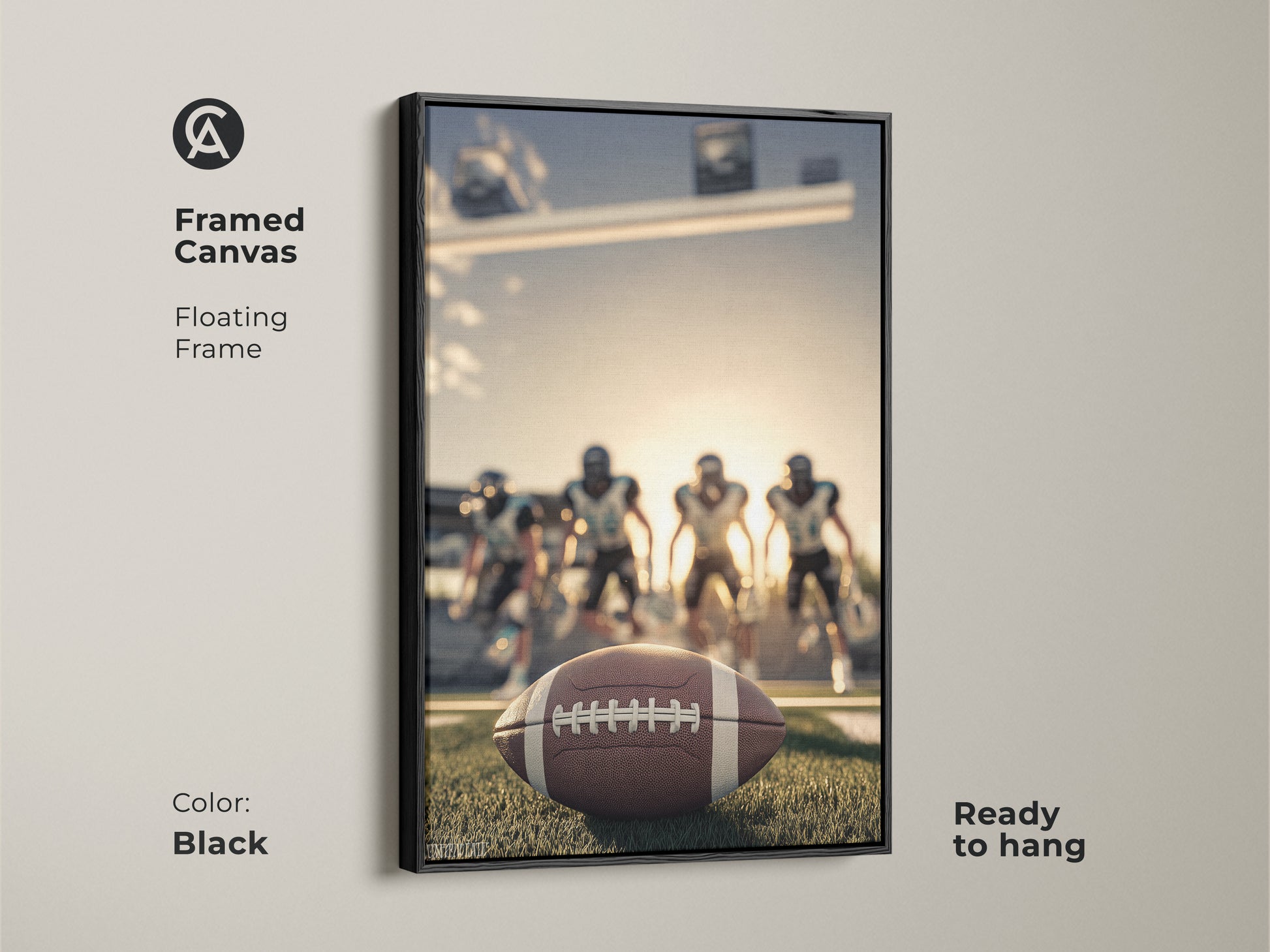 Framed canvas of American Football artwork. The floating frame is black and ready to hang. The art captures the energy of the game. It shows a football on the field with players in action. This sports decor is ideal for masculine home office art.