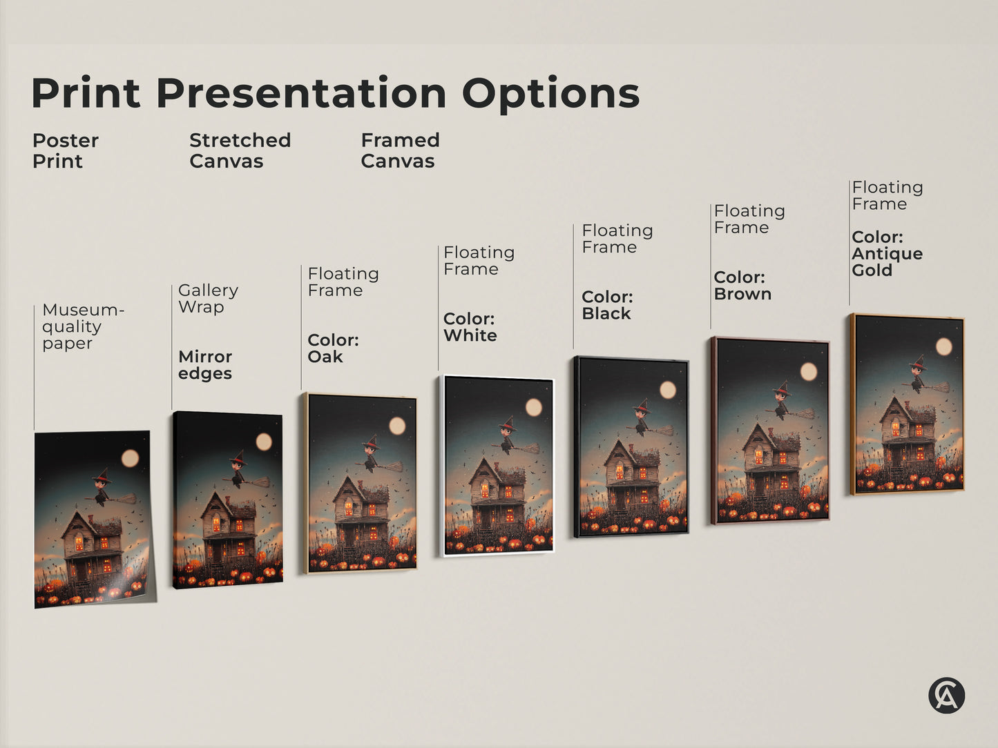 Explore print presentation options featuring a cute witch over a haunted house. Choose poster print stretched canvas and framed canvas options. Each provides unique aesthetic. Elevate your space with dark blue orange Halloween fantasy artwork that embodies seasonal charm.
