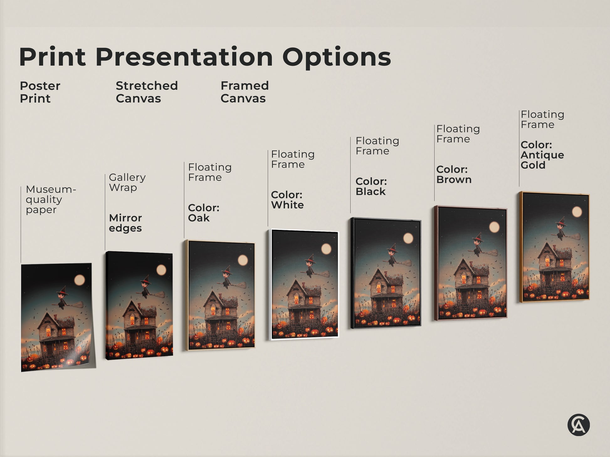Explore print presentation options featuring a cute witch over a haunted house. Choose poster print stretched canvas and framed canvas options. Each provides unique aesthetic. Elevate your space with dark blue orange Halloween fantasy artwork that embodies seasonal charm.