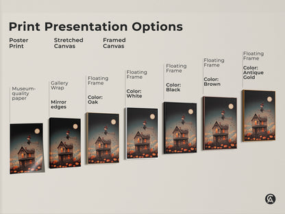 Explore print presentation options featuring a cute witch over a haunted house. Choose poster print stretched canvas and framed canvas options. Each provides unique aesthetic. Elevate your space with dark blue orange Halloween fantasy artwork that embodies seasonal charm.