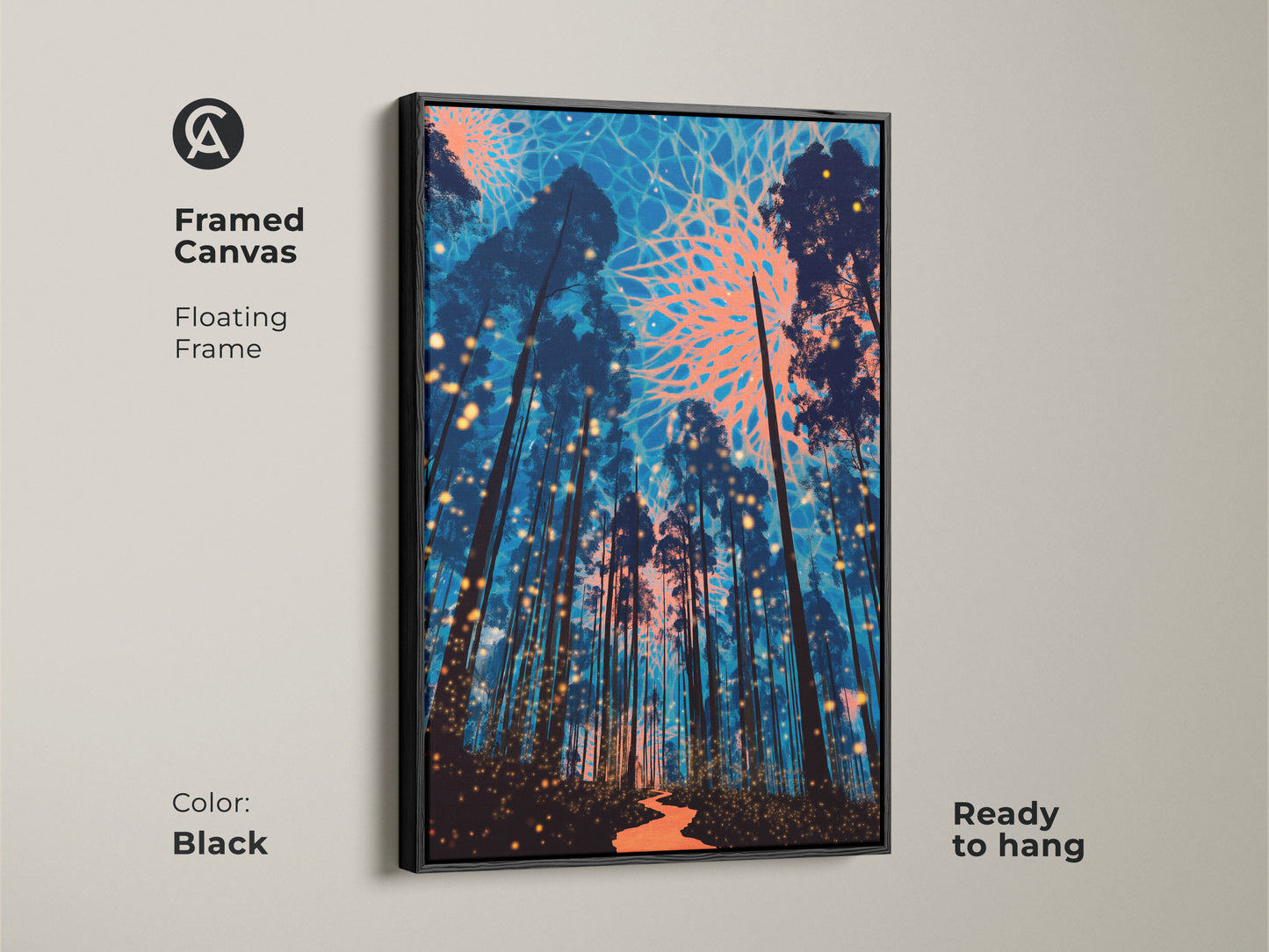 This framed canvas showcases a surreal forest with deep blue pine trees and coral abstract accents. The black floating frame enhances the glowing lights. Ready to hang this piece adds an artistic touch to any room. Get your unique wall hanging today and elevate your space.