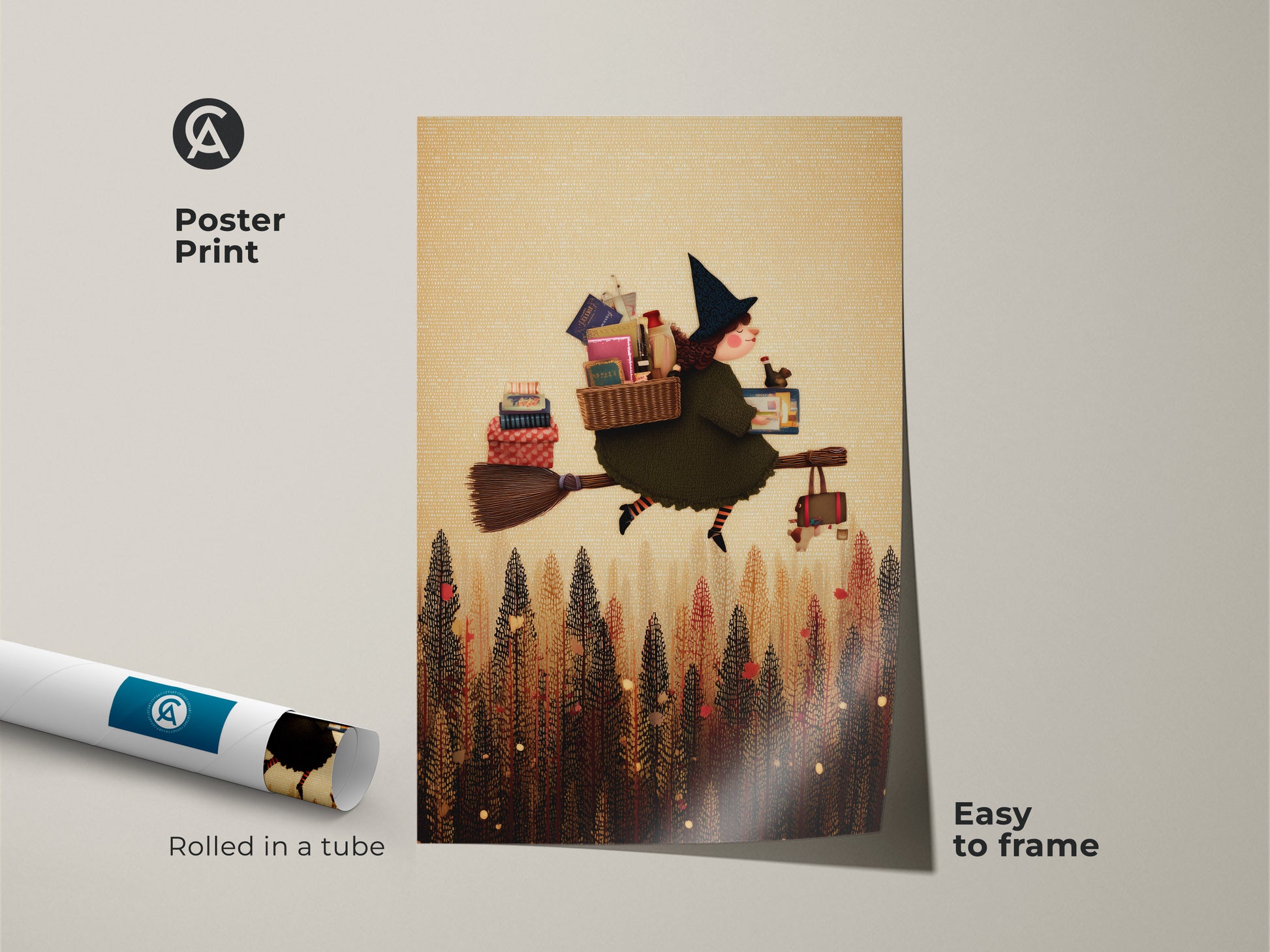 Poster Print of a Witch flying with books through an Olive Green forest. This Halloween Decor Art is perfect as Kids Room Wall Art. The Eclectic Forest Artwork brings Autumn Woodland vibes. Easy to frame.