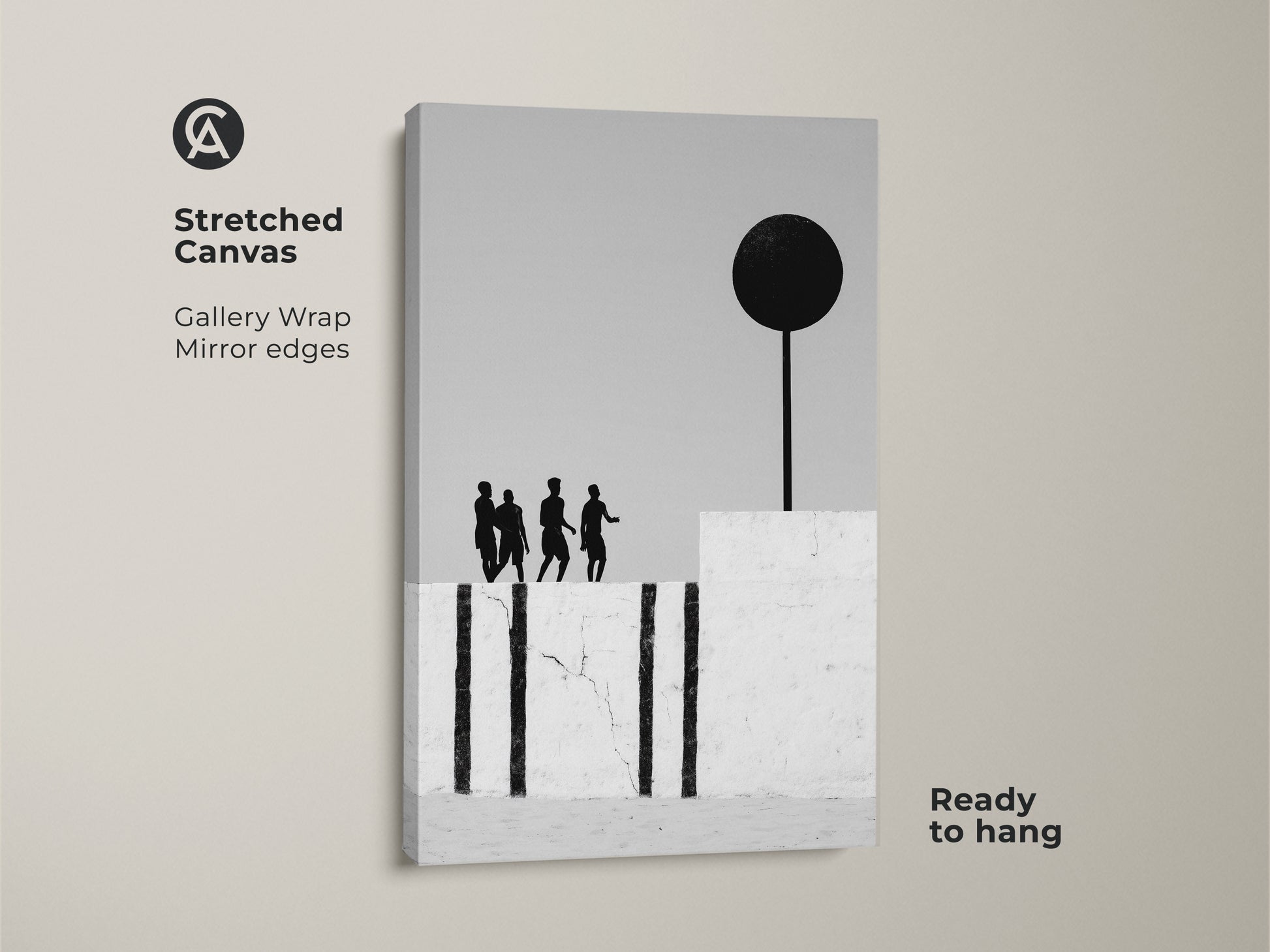 Modern abstract artwork presented as a stretched canvas print. The gallery wrap has mirrored edges and is ready to hang. The surreal black and white figures with black sphere create a minimalist monochrome look.
