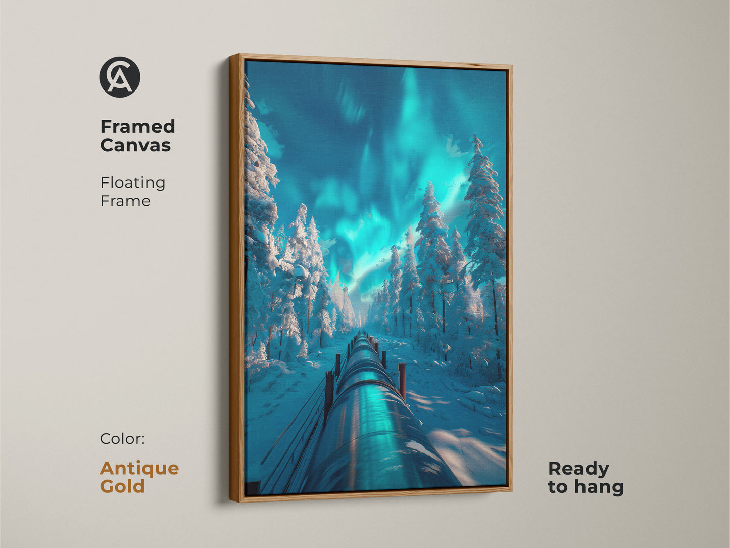 Framed canvas art capturing a winter forest landscape with a pipeline and the Aurora Borealis. The antique gold floating frame enhances the artwork. Ready to hang this piece brings a touch of winter's magic to your wall.