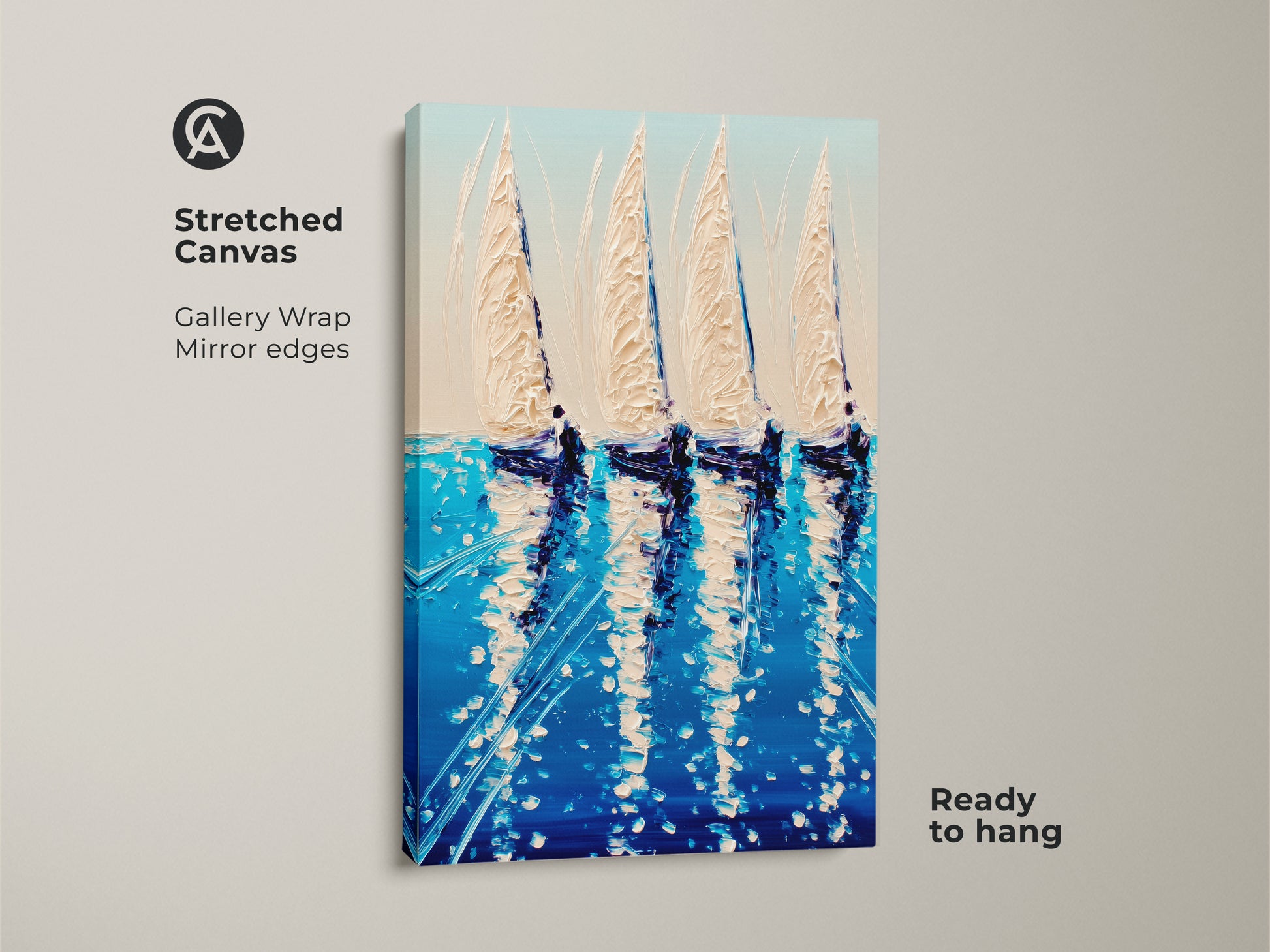 Stretched canvas showcasing a deep blue sailboat artwork. This coastal ocean art print is gallery-wrapped with mirror edges and ready to hang. Features an impressionistic sailing ship. Nautical home decor gift perfect for a beach house or yacht owner. Brings an ocean view to any space.