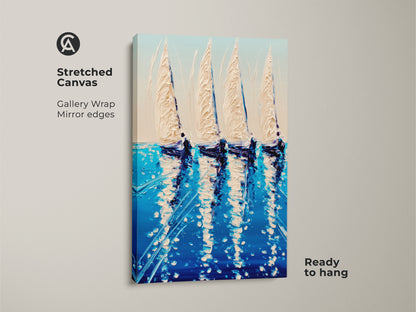 Stretched canvas showcasing a deep blue sailboat artwork. This coastal ocean art print is gallery-wrapped with mirror edges and ready to hang. Features an impressionistic sailing ship. Nautical home decor gift perfect for a beach house or yacht owner. Brings an ocean view to any space.