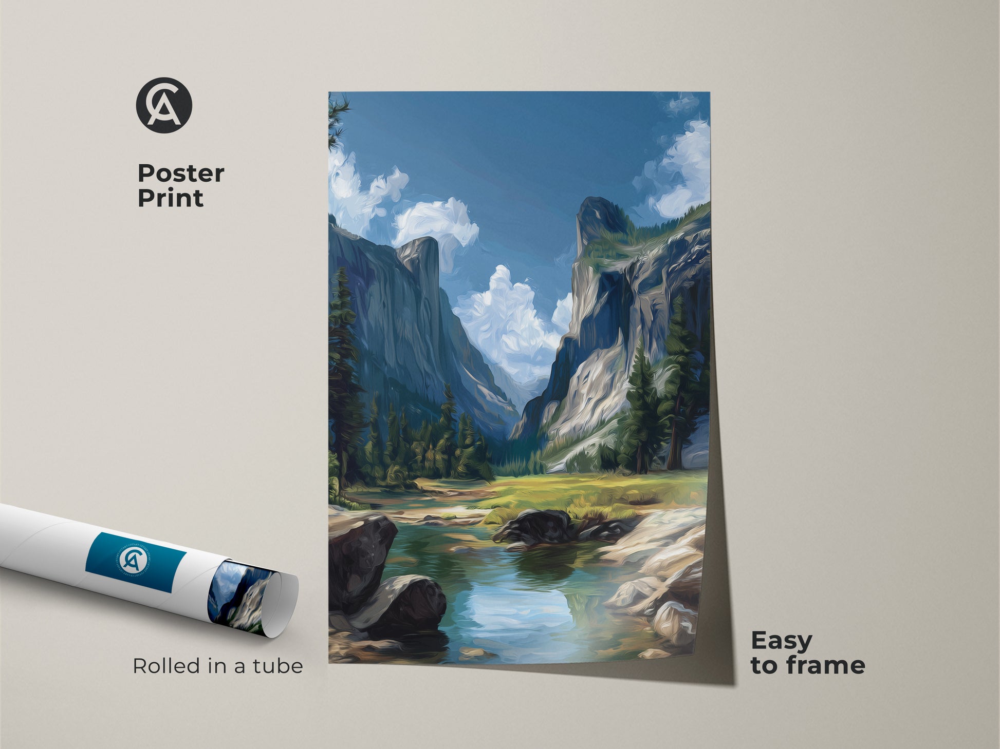 Poster print of a blue green mountain valley landscape. This river scenic canvas print is easy to frame. The Impressionist nature wall art is rolled in a tube. This oil painting style artwork captures a rustic outdoor scenery. Perfect for nature art lovers.