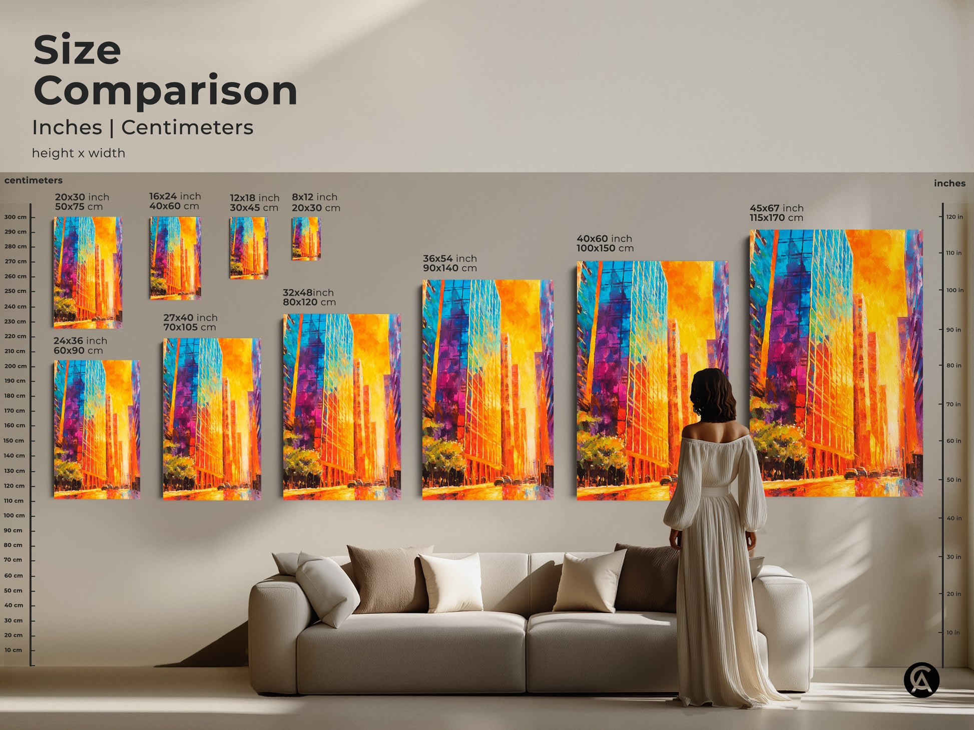 Compare sizes of vibrant city art. This size comparison shows art pieces in inches and centimeters. See how the artwork scales from small to large. Find the perfect size to fit your space. Explore our art collection today and transform your home