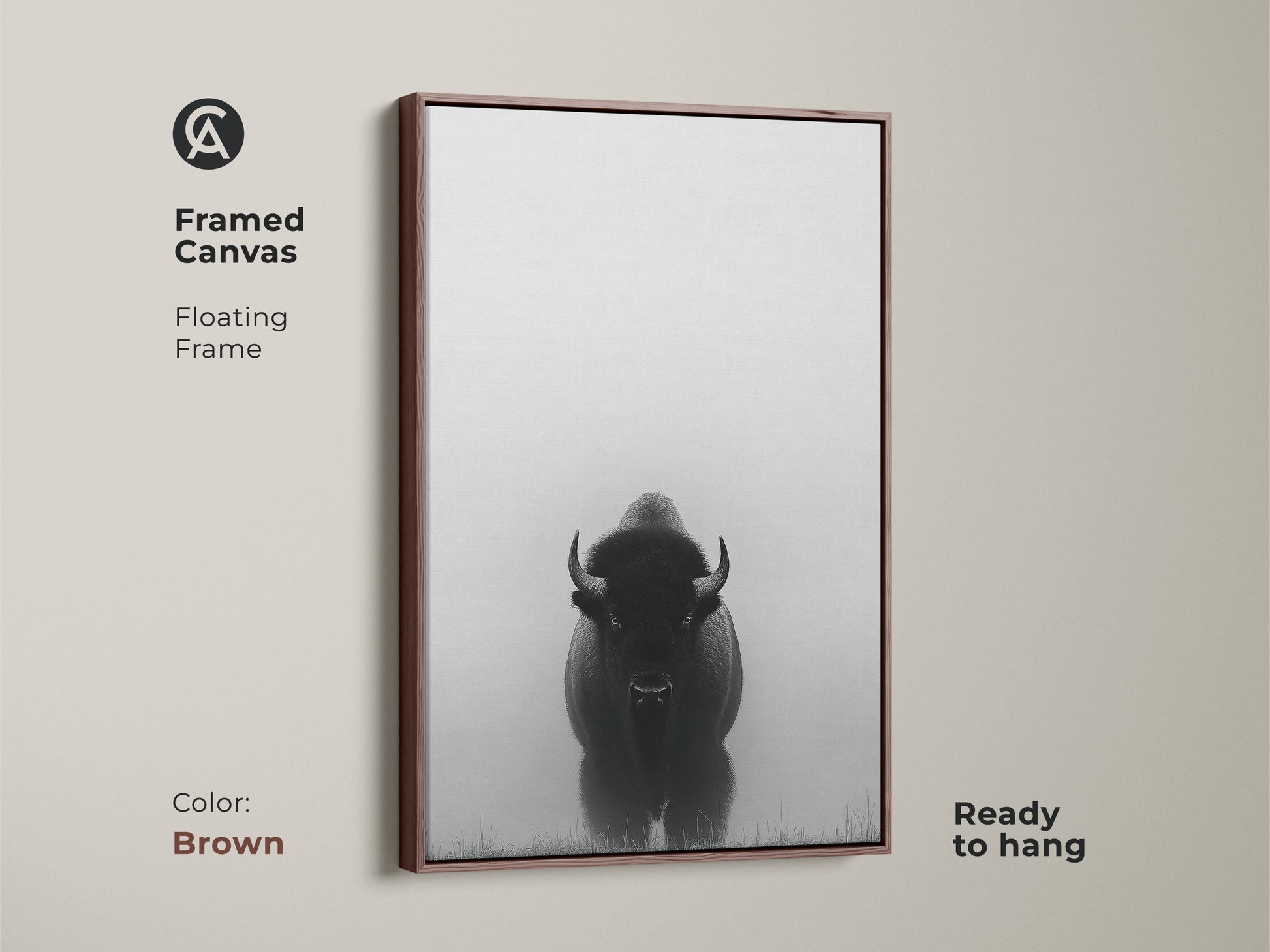 A framed canvas features minimalist bison art in brown. This black and white prairie canvas is ready to hang. The wildlife animal landscape print adds a rustic farmhouse touch to any room.