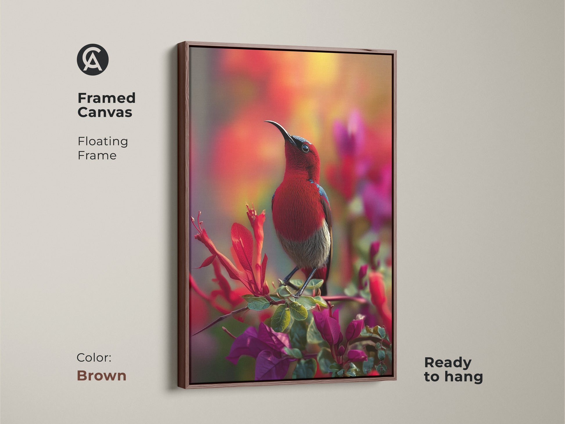 Framed canvas of an Exotic Red Sunbird with a brown floating frame. Ready to hang this nature-inspired artwork brings wildlife beauty to your walls. This vibrant bird and flower canvas is a unique decor choice.