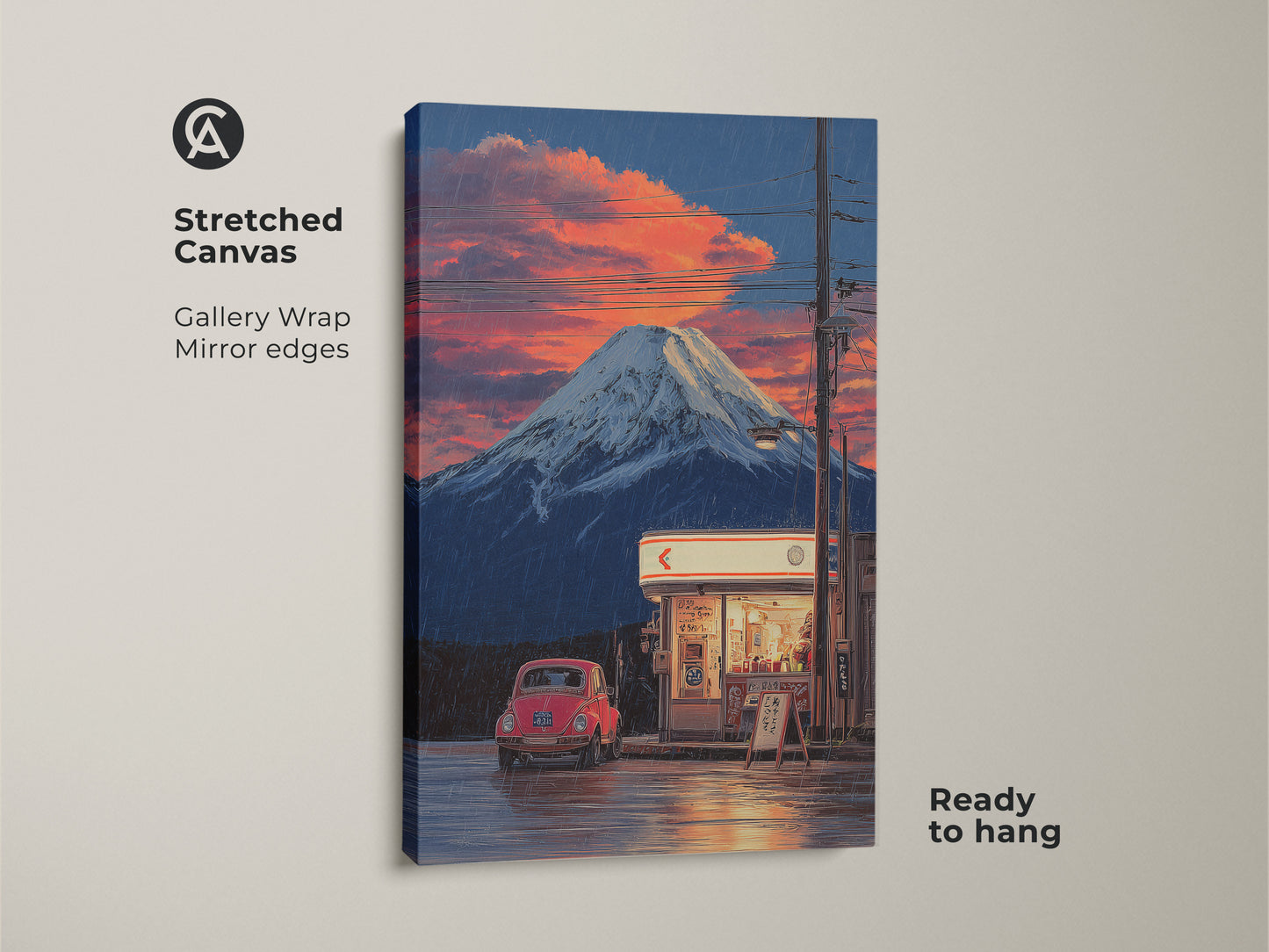 Stretched canvas art featuring an anime Mount Fuji landscape. This gallery wrap with mirror edges shows a vintage red car. This art print is ready to hang and showcases a retro Japanese scene under sunset clouds. Perfect for eclectic home decor.