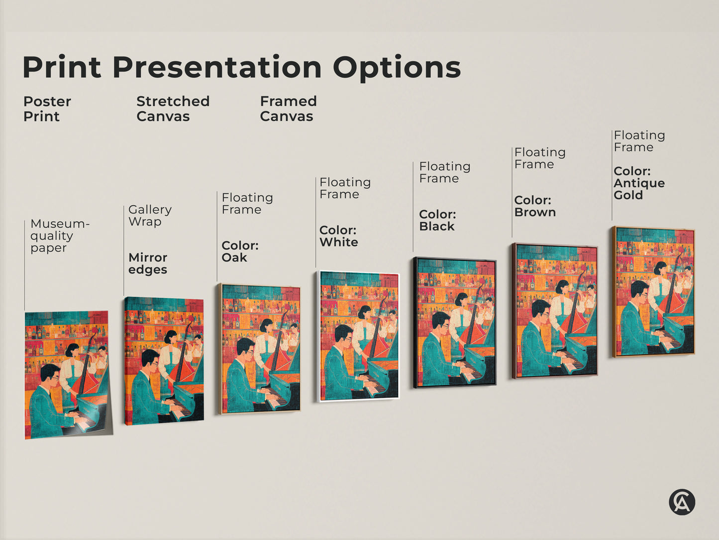 Print presentation options showcasing jazz band artwork. Choose from poster print stretched canvas or framed canvas. Select a floating frame in various colors. Find the perfect piece for your home bar artwork.