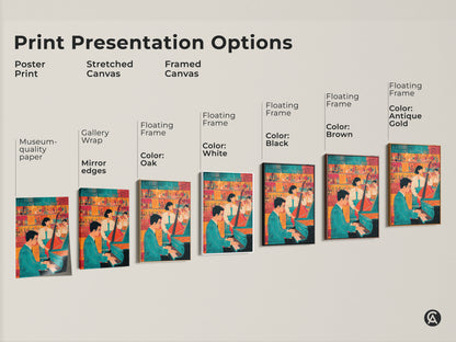 Print presentation options showcasing jazz band artwork. Choose from poster print stretched canvas or framed canvas. Select a floating frame in various colors. Find the perfect piece for your home bar artwork.