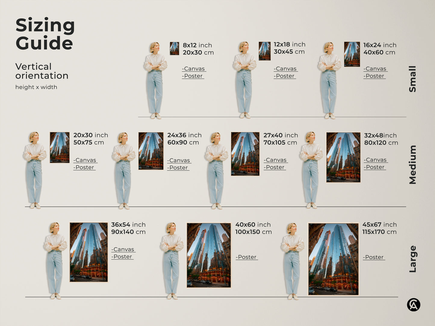 Sizing guide for vertical blue cityscape artwork. Options include canvas and poster prints. Dimensions range from 8x12 to 45x67 inches. These fit well in small medium and large spaces. Enliven your apartment entryway decor today.