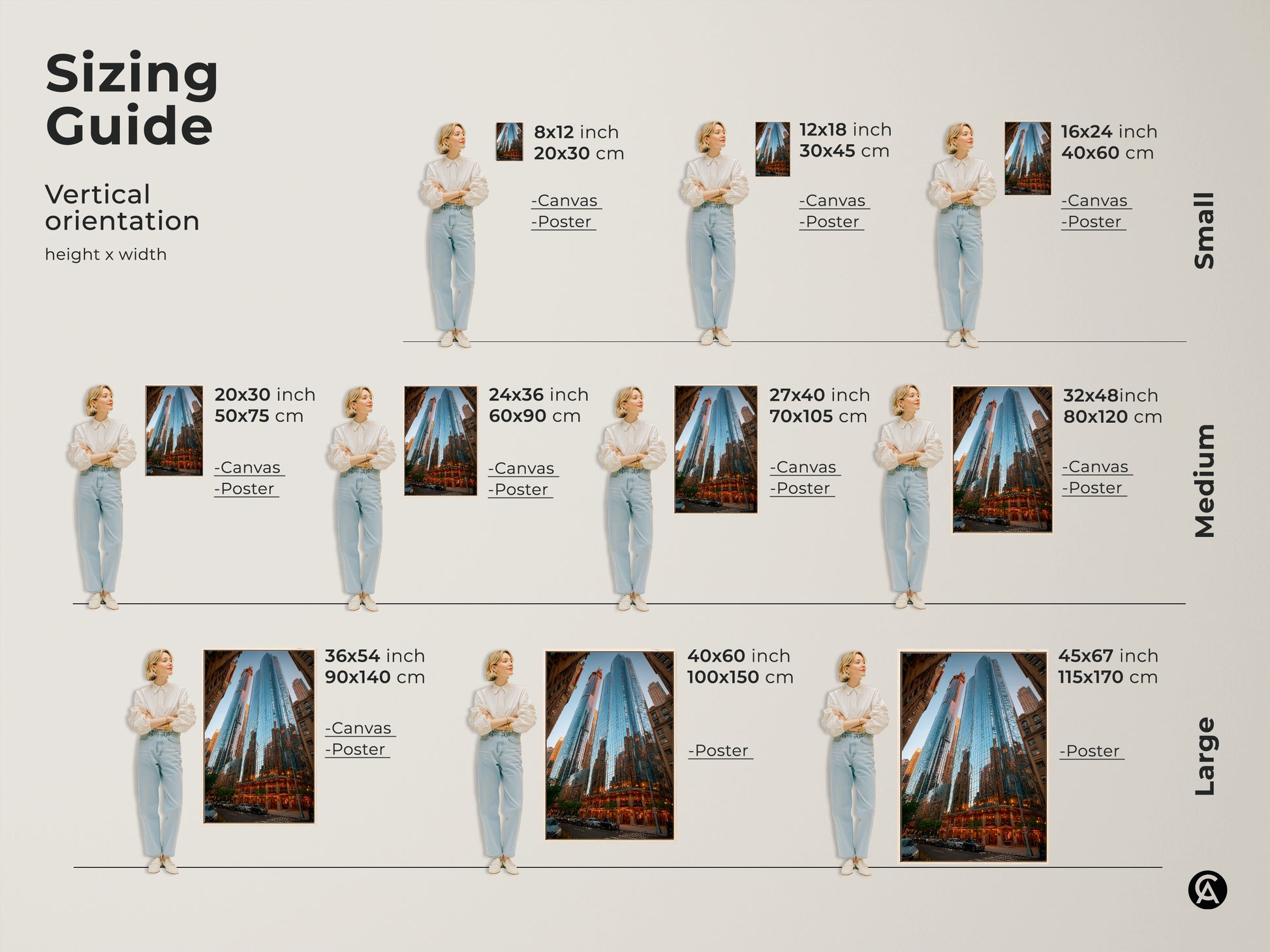 Sizing guide for vertical blue cityscape artwork. Options include canvas and poster prints. Dimensions range from 8x12 to 45x67 inches. These fit well in small medium and large spaces. Enliven your apartment entryway decor today.
