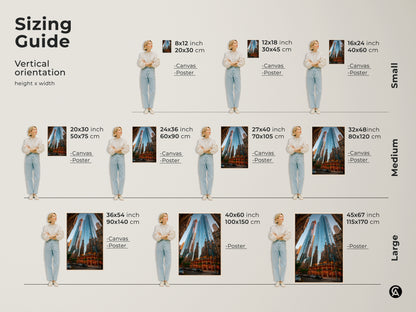Sizing guide for vertical blue cityscape artwork. Options include canvas and poster prints. Dimensions range from 8x12 to 45x67 inches. These fit well in small medium and large spaces. Enliven your apartment entryway decor today.