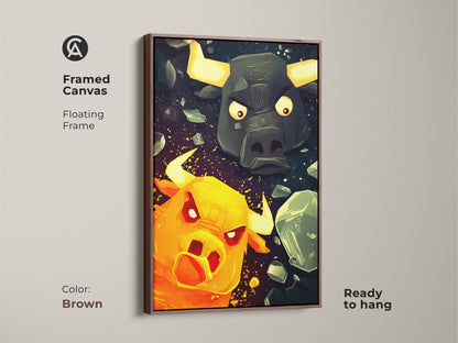 Framed canvas featuring a bold Minotaur and Bull illustration. Displayed in a floating brown frame and ready to hang. This unique piece of mythology art adds an eclectic touch to any room. The orange yellow and teal colors create a striking fantasy art for game fans and collectors.