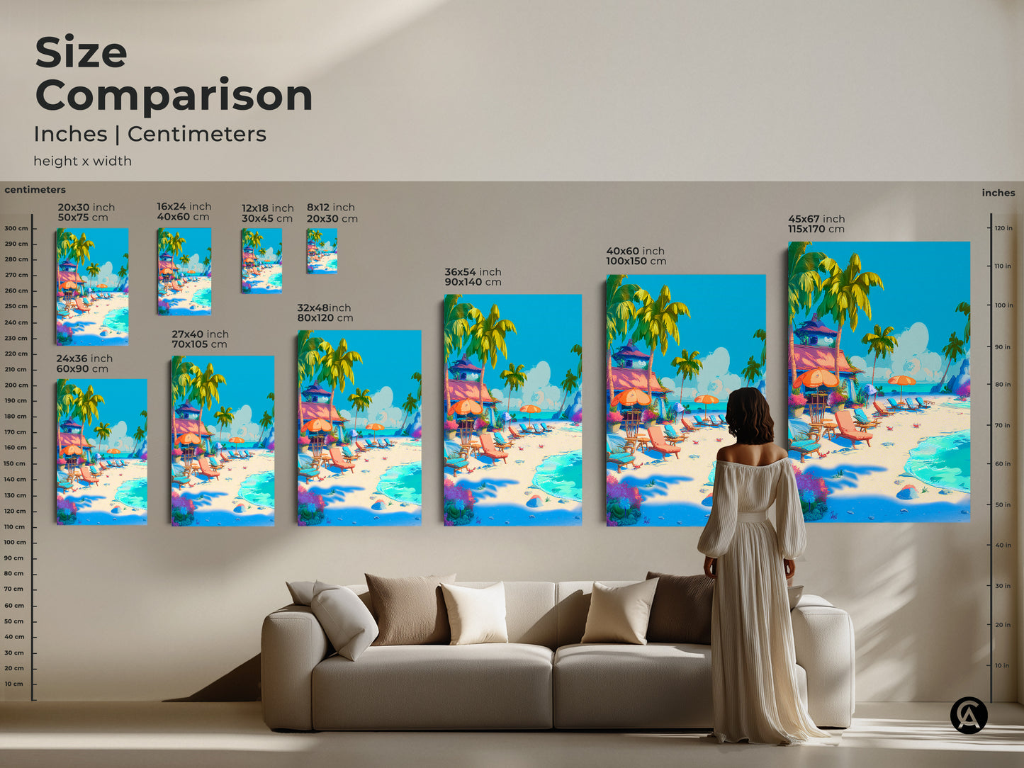 Size comparison of beach artwork prints. See how different sizes of canvas and posters fit above a sofa. Choose from various dimensions to suit your wall space. Enhance your home decor with this serene tropical beach scene.