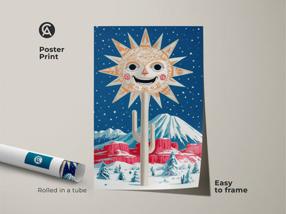 Poster print featuring a retro folk art desert scene with a smiling sun. The snowy mountain canvas art is rolled in a tube and easy to frame. This orange and blue artwork complements boho eclectic wall decor. A great gift for desert lovers wanting retro home decor.