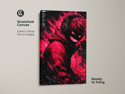 Stretched canvas art print featuring a red and black color scheme. The artwork shows a figure with headphones and glowing red eyes. Ready to hang this gallery wrapped canvas adds style to your home decor collection.