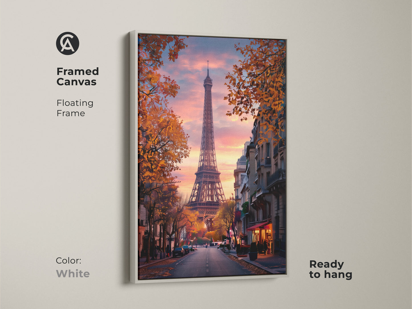 Framed canvas of Eiffel Tower art in a white floating frame. This Paris street scene canvas offers a clean look. A romantic cityscape art print is ready to hang. The sunset sky bedroom decor complements any style.