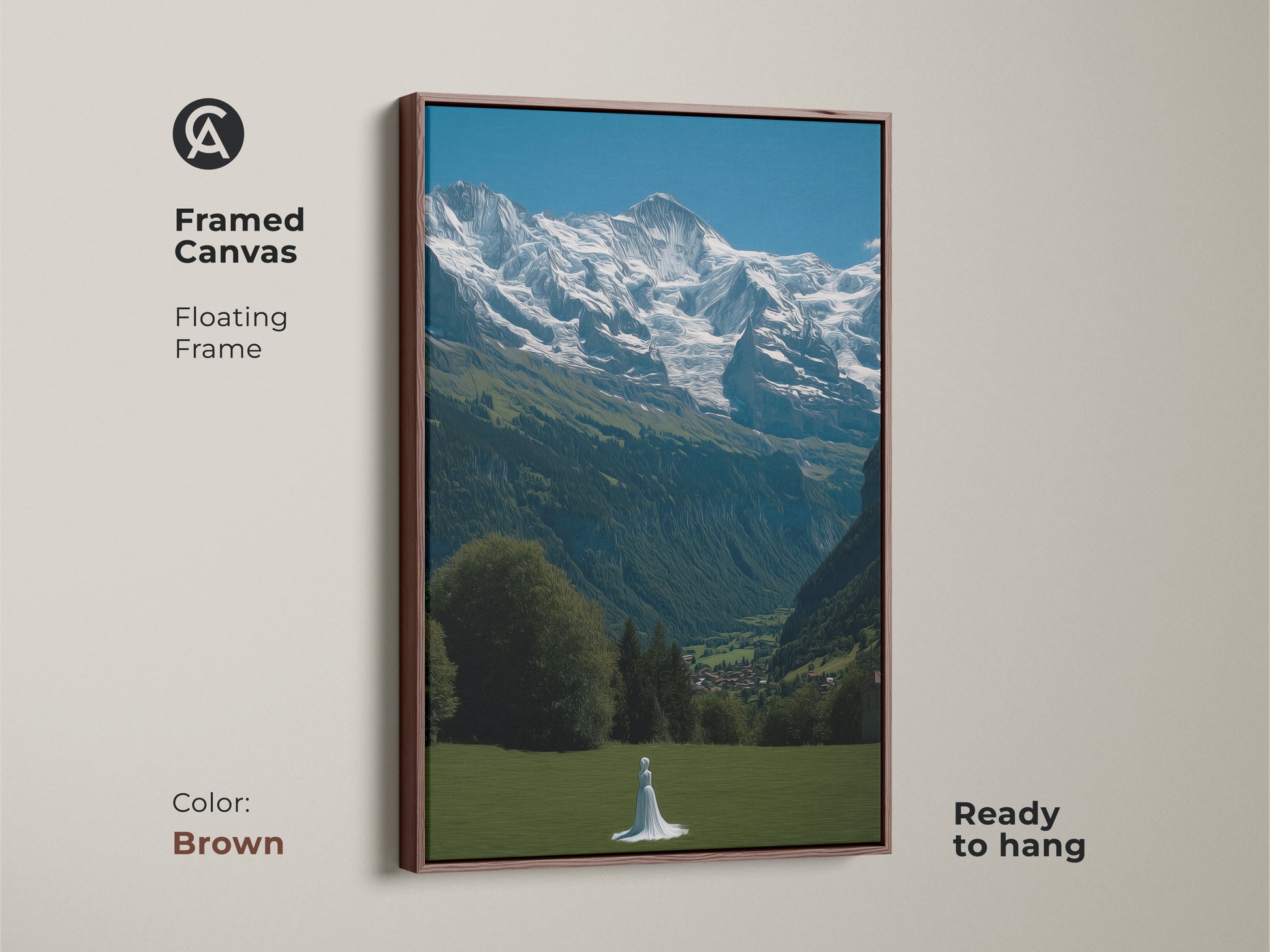 Adorn your walls with this framed canvas art showcasing the Swiss Alps. It features a solitary woman in a lush meadow. A brown floating frame enhances the photorealistic nature scene. This travel-inspired artwork comes ready to hang. Add a touch of Scandinavian charm to any room with this Alpine meadow wall art. A serene mountain scene for wanderlust