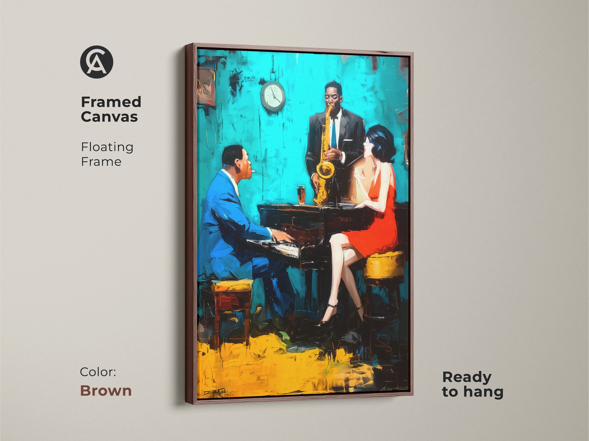 Add warmth to your walls with this framed canvas art. The brown floating frame enhances the jazz club scene with a pianist saxophonist and singer. This ready-to-hang artwork brings musical vibes to your home. Order now and set the mood!