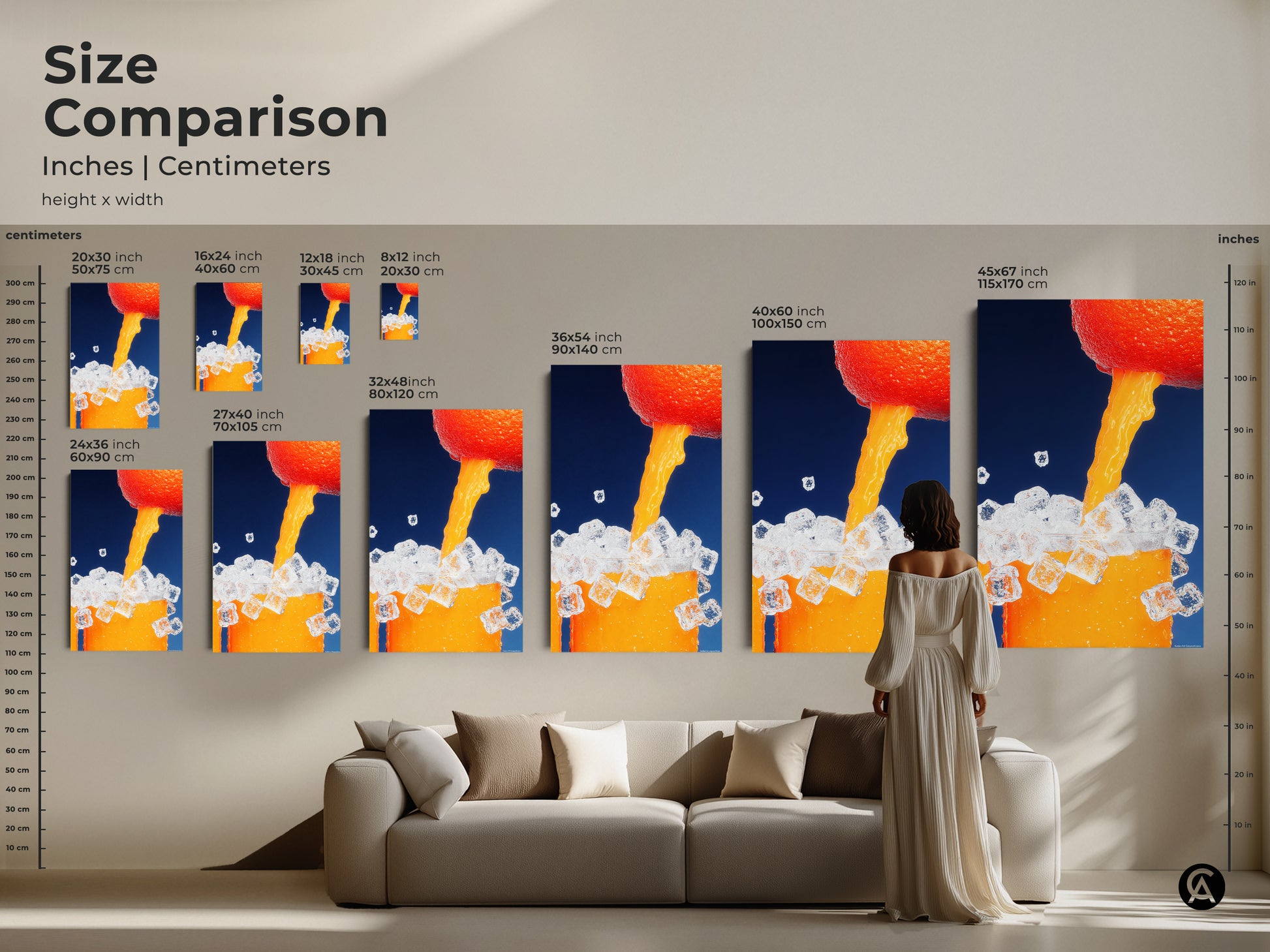 Size comparison of abstract orange juice artwork. See how different sizes fit above a sofa. Choose the perfect canvas or poster print for your home. This modern minimalist art will enhance any living space.