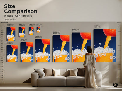 Size comparison of abstract orange juice artwork. See how different sizes fit above a sofa. Choose the perfect canvas or poster print for your home. This modern minimalist art will enhance any living space.