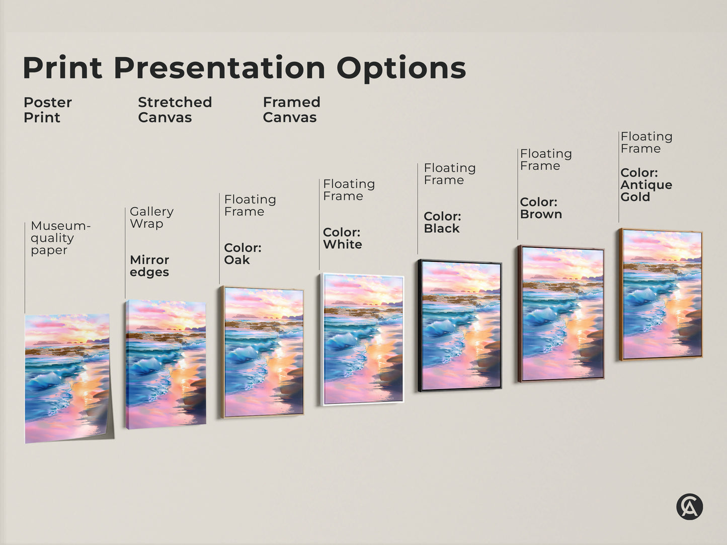 Print presentation options show poster print stretched canvas and framed canvas. Options include gallery wrap floating frame and different frame colors. Choose black brown antique gold oak or white for your ocean art.