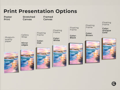 Print presentation options show poster print stretched canvas and framed canvas. Options include gallery wrap floating frame and different frame colors. Choose black brown antique gold oak or white for your ocean art.