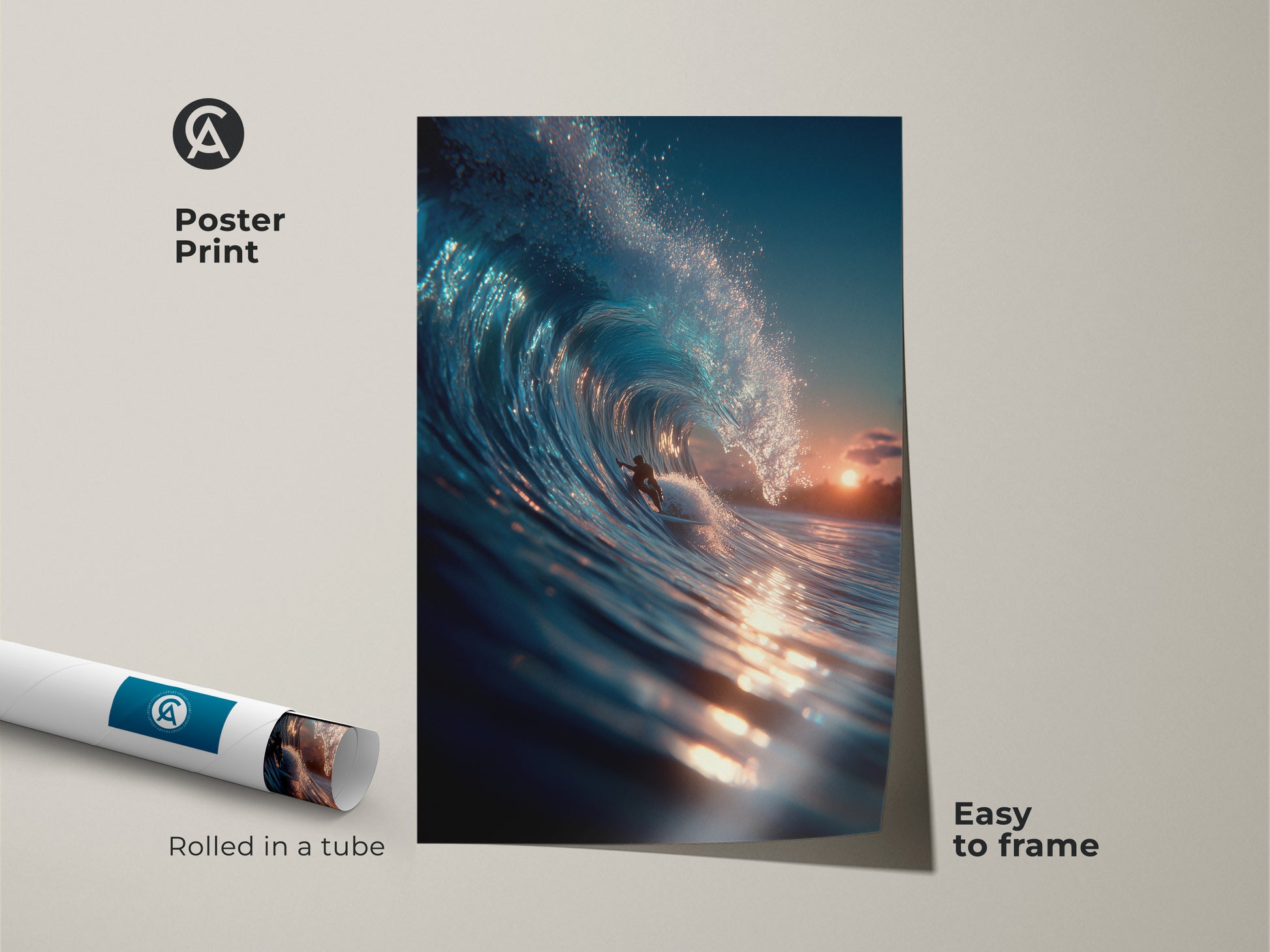 Bring the ocean to your walls with this vibrant poster print. The surfer artwork is easy to frame. It arrives rolled in a tube for protection. The artwork captures a beautiful wave at sunset. Add coastal charm to your home decor.