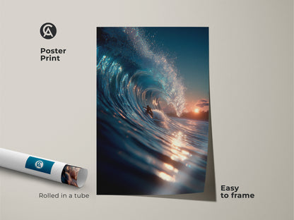 Bring the ocean to your walls with this vibrant poster print. The surfer artwork is easy to frame. It arrives rolled in a tube for protection. The artwork captures a beautiful wave at sunset. Add coastal charm to your home decor.