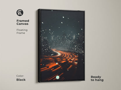Framed Canvas with a floating frame showcasing the energy of city nightlife. The black frame enhances the orange and red car light painting. Contemporary urban decor offers a modern touch. Cityscape light painting art is ready to hang.