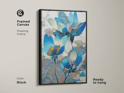 Black framed canvas with a floating frame showcasing abstract teal magnolia artwork. Ready to hang this contemporary botanical print adds modern elegance. Ideal housewarming gift.