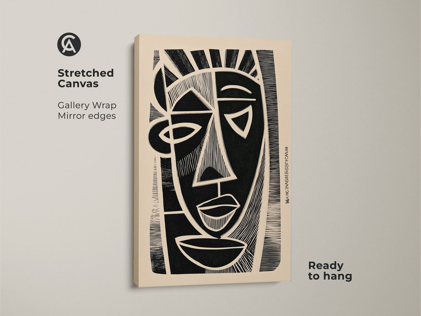 A stretched canvas featuring abstract face wall art. The black and white linocut print has gallery wrap mirror edges. This cubist portrait canvas art is ready to hang. The figurative wall hanging brings an eclectic touch to any space.