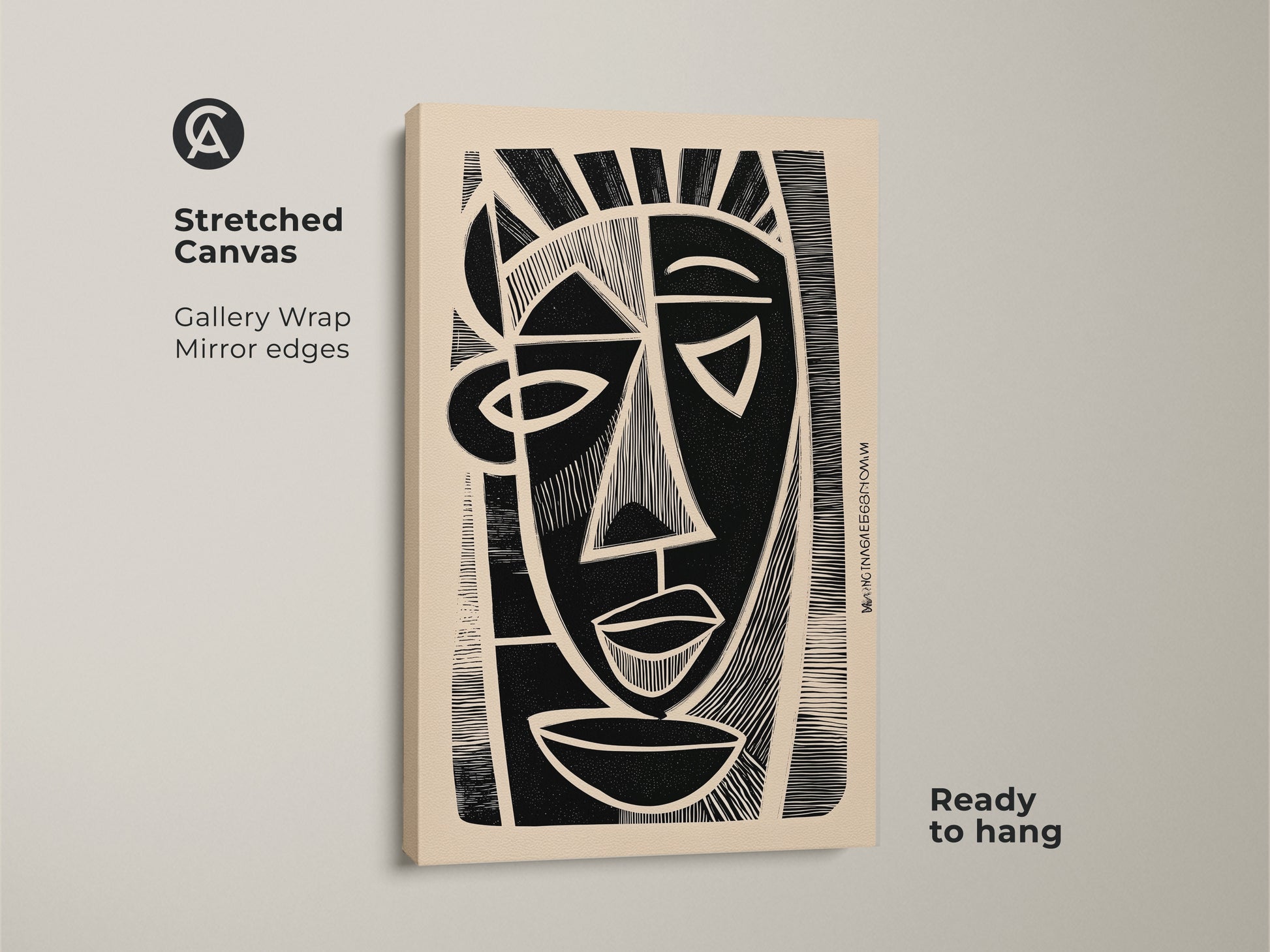 A stretched canvas featuring abstract face wall art. The black and white linocut print has gallery wrap mirror edges. This cubist portrait canvas art is ready to hang. The figurative wall hanging brings an eclectic touch to any space.