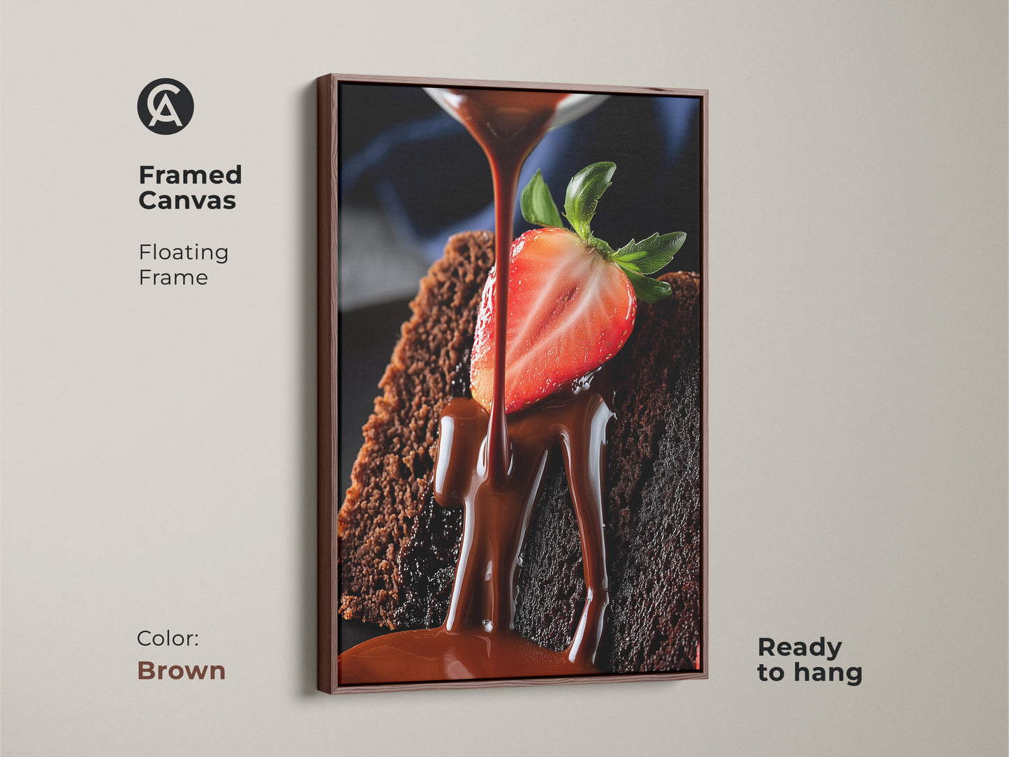 Framed canvas of rich chocolate cake art. It has a floating frame in brown. It is ready to hang. This gourmet dessert canvas is perfect for kitchen food photography.