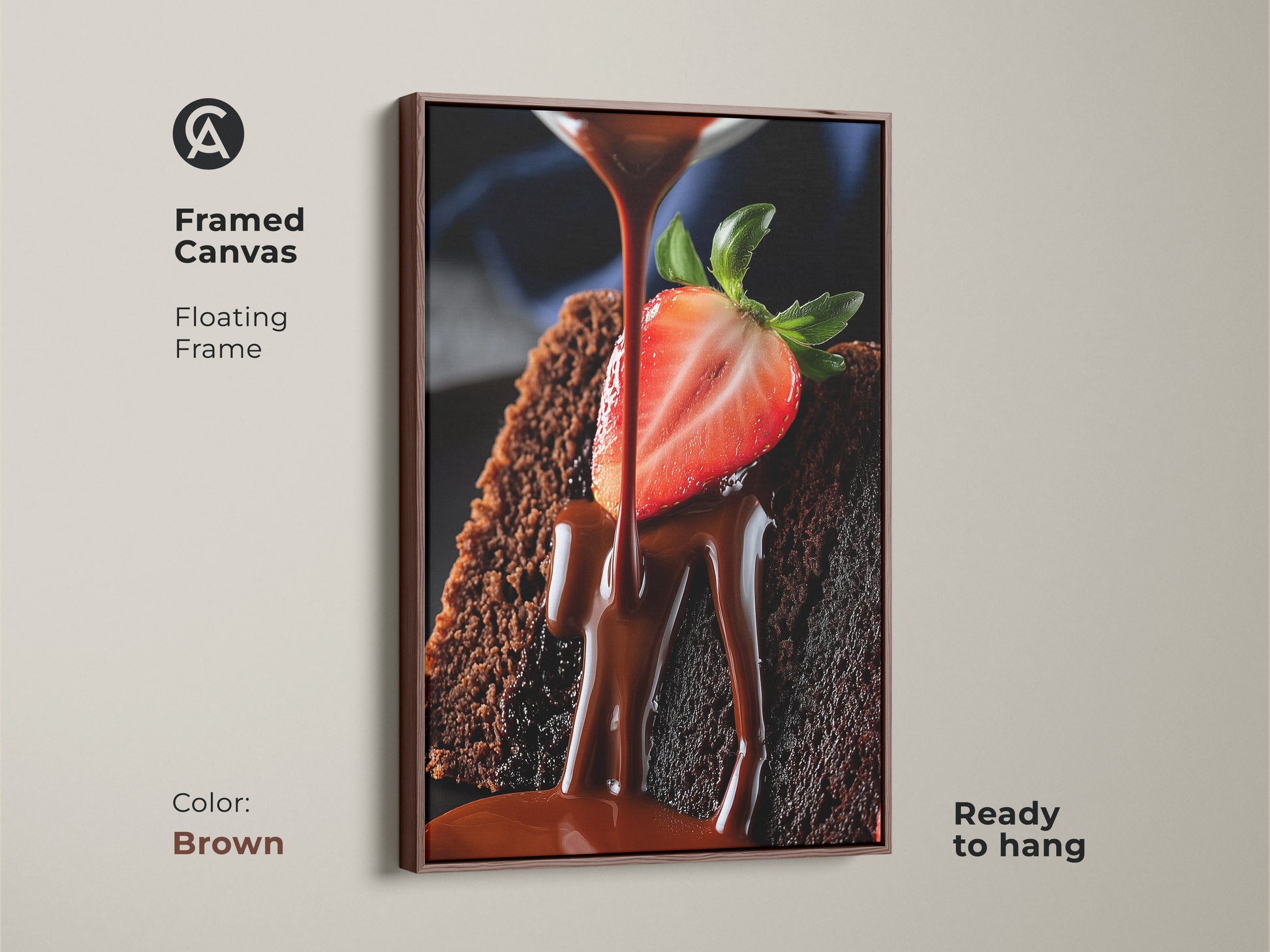 Framed canvas of rich chocolate cake art. It has a floating frame in brown. It is ready to hang. This gourmet dessert canvas is perfect for kitchen food photography.