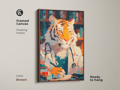Framed canvas featuring a tiger doctor with a brown floating frame. The warm tones of the frame complement the artwork. This ready-to-hang piece brings character to any room. This unique piece is perfect for adding a touch of whimsy. This artwork combines wildlife and profession.