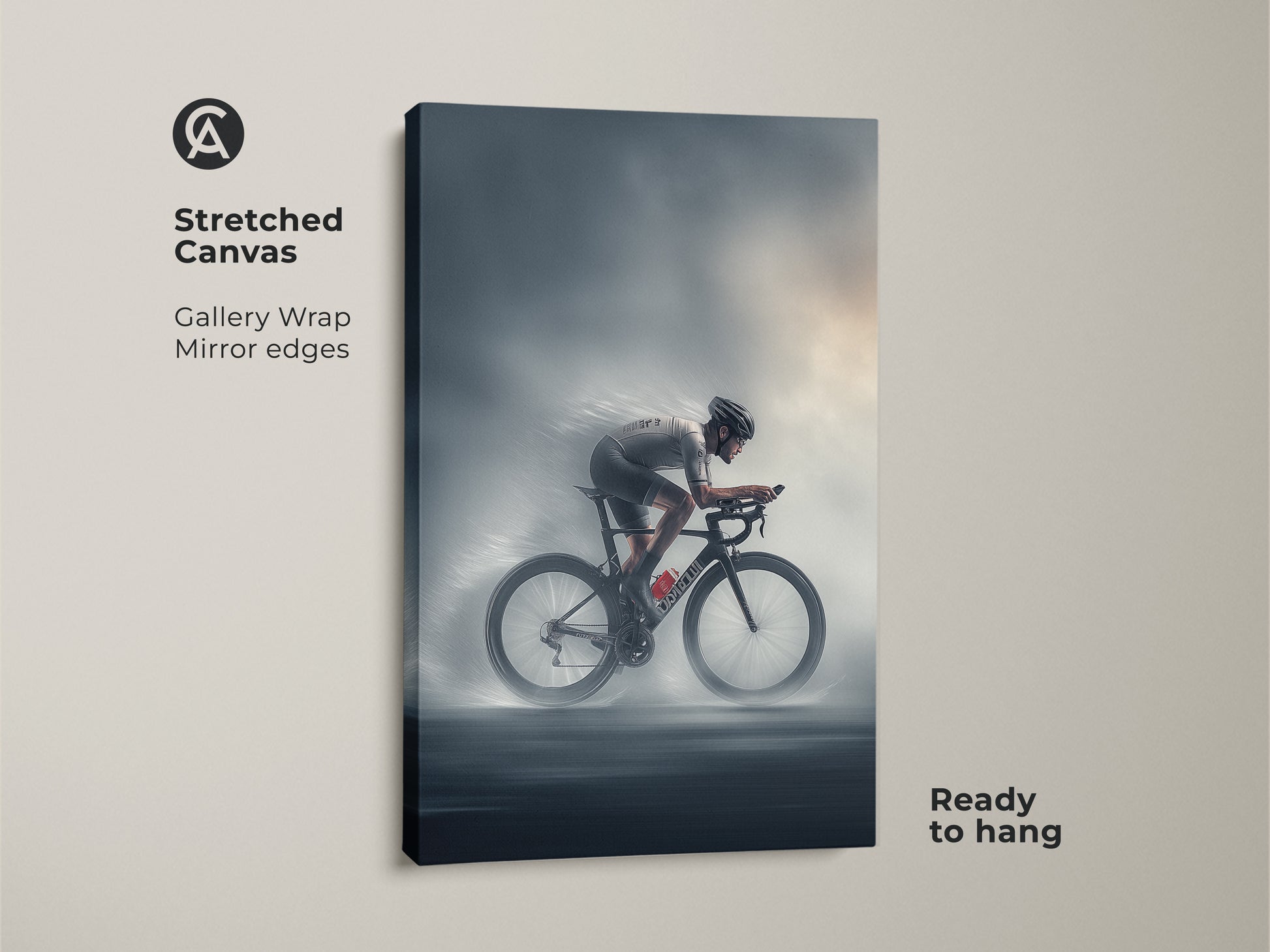 Stretched canvas art of a road cyclist rendered in charcoal and silver tones. Gallery wrap with mirror edges provides a sleek modern look. Ready to hang this piece brings athletic energy to any room. Ideal for home decor or as a gift for cyclists seeking minimalist sports decor.
