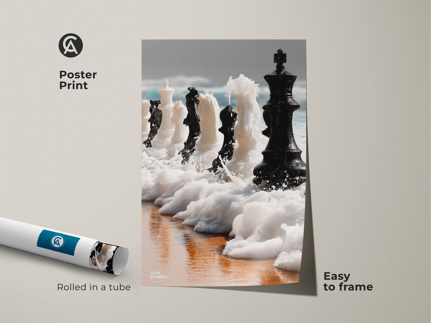 Poster print of abstract chess artwork rolled in a tube. This surreal ocean waves art is easy to frame. Ideal for office wall decor art. This makes a great gift for a chess lover. Appreciate the conceptual art print.