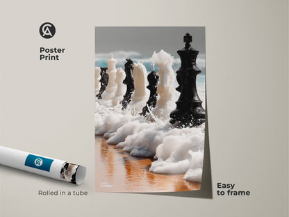 Poster print of abstract chess artwork rolled in a tube. This surreal ocean waves art is easy to frame. Ideal for office wall decor art. This makes a great gift for a chess lover. Appreciate the conceptual art print.