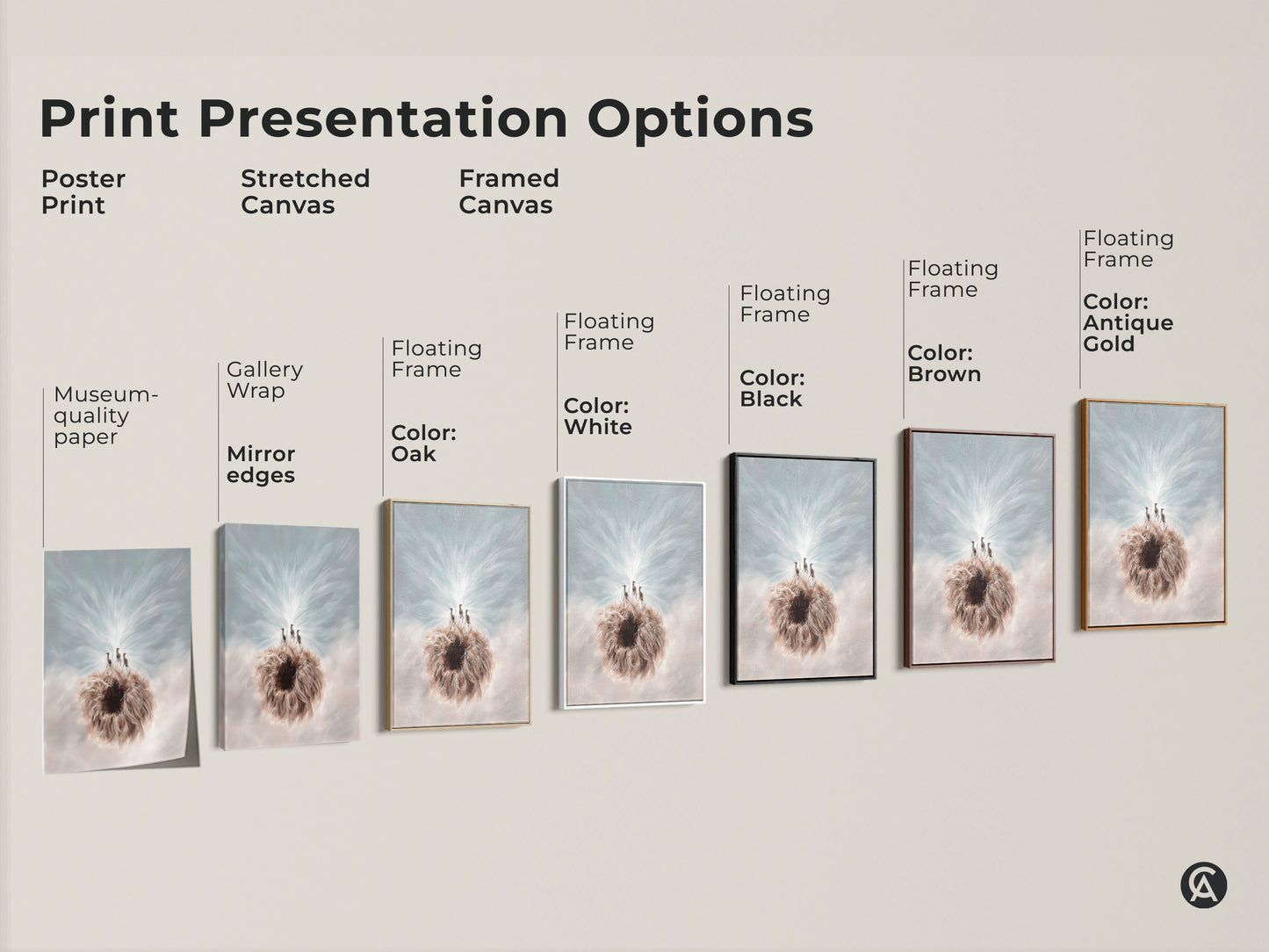 Here is the print presentation options for the Meerkat & Dandelion art. Choose from poster print stretched canvas or framed canvas. Floating frame colors include oak white black brown and antique gold.