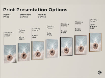 Here is the print presentation options for the Meerkat & Dandelion art. Choose from poster print stretched canvas or framed canvas. Floating frame colors include oak white black brown and antique gold.